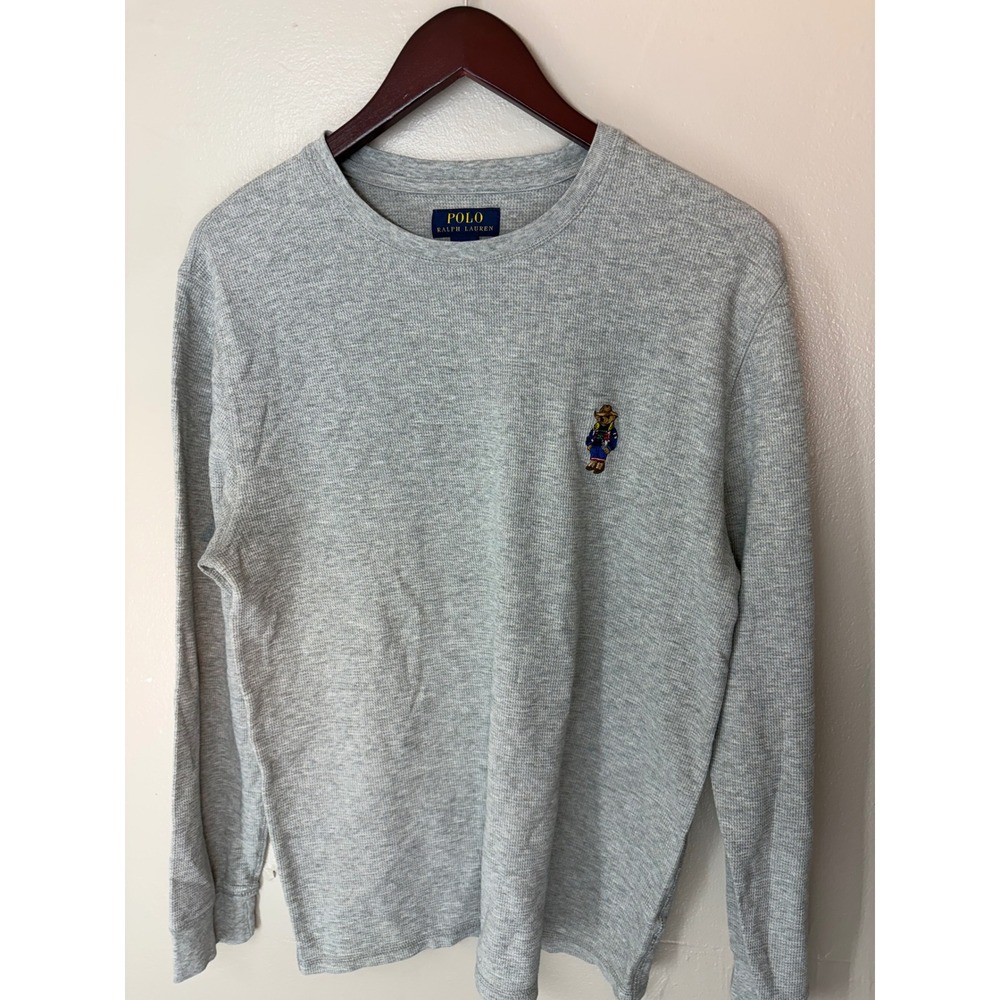 Polo Ralph Lauren Mens Gray Waffle Knit Thermal Polo Bear Sleepwear Shirt Large